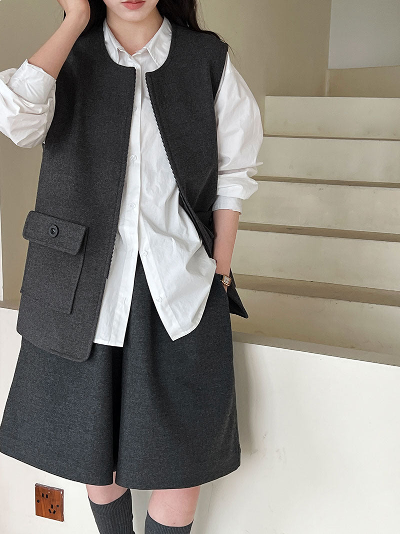 高級感寬鬆毛呢疊穿氣質圓領馬甲