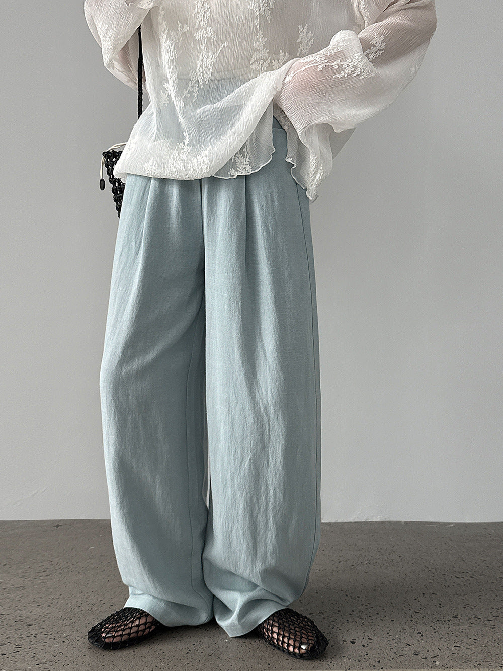 韓系亞麻垂墜感鬆緊腰闊腿褲-3色