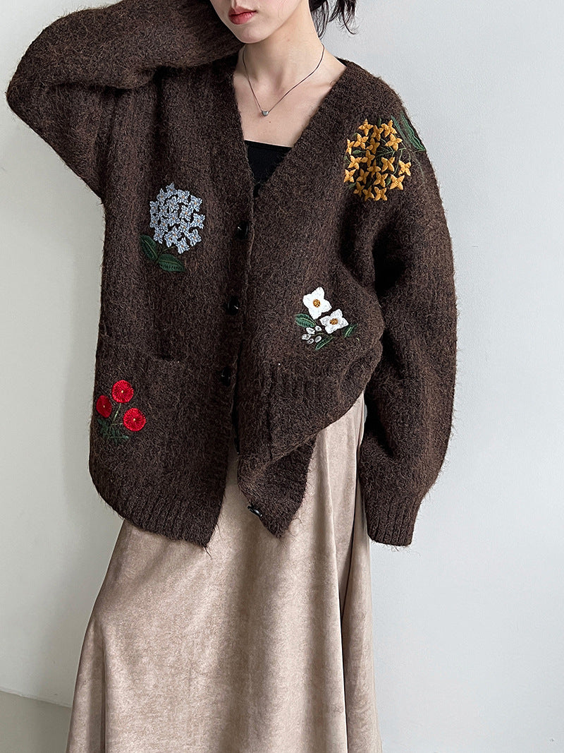 韓系復古軟糯花卉刺繡針織開衫外套-4色