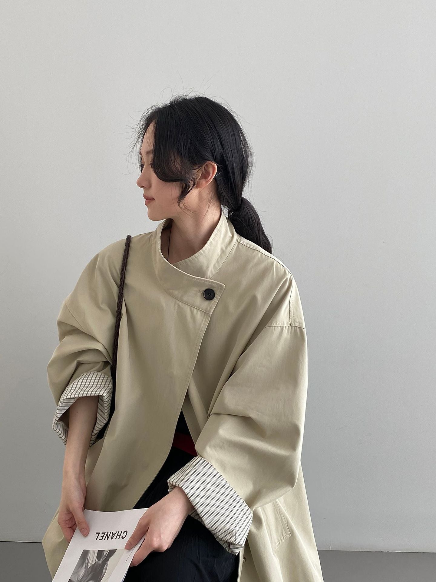 韓系慵懶風立領撞色風衣外套-3色