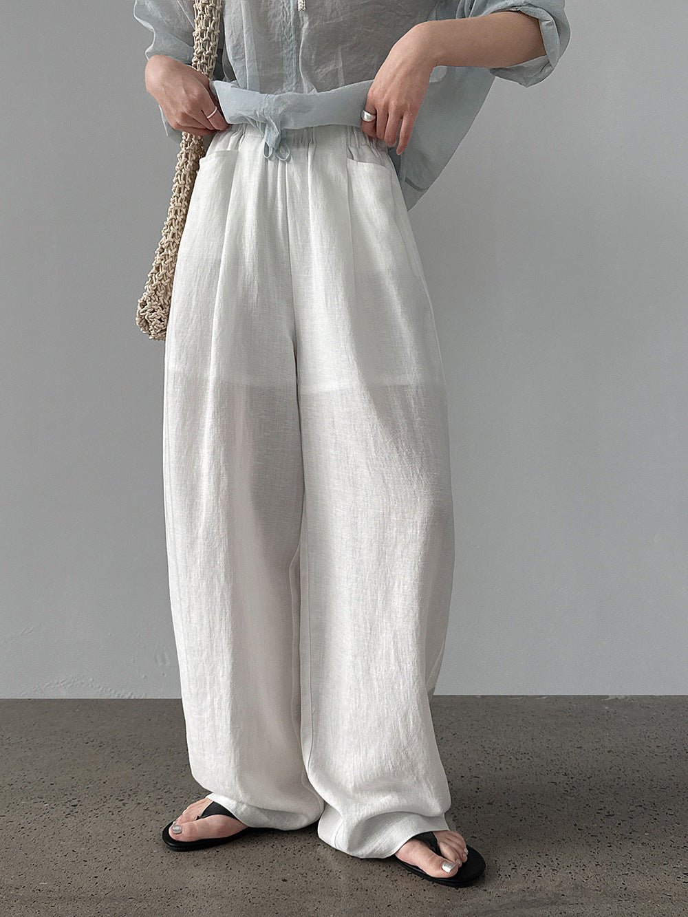 韓系亞麻垂墜感鬆緊腰闊腿褲-3色