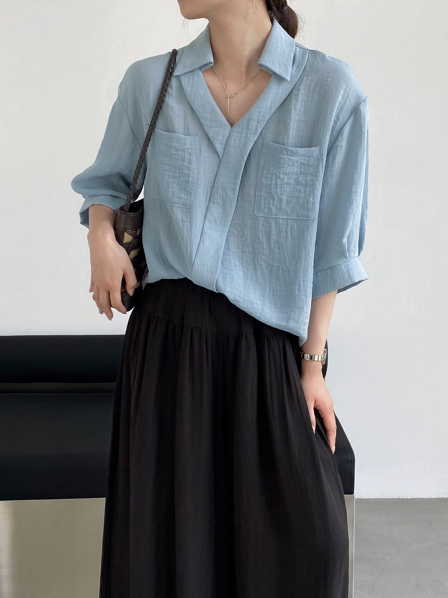 高級極簡翻領寬鬆短袖襯衫-2色