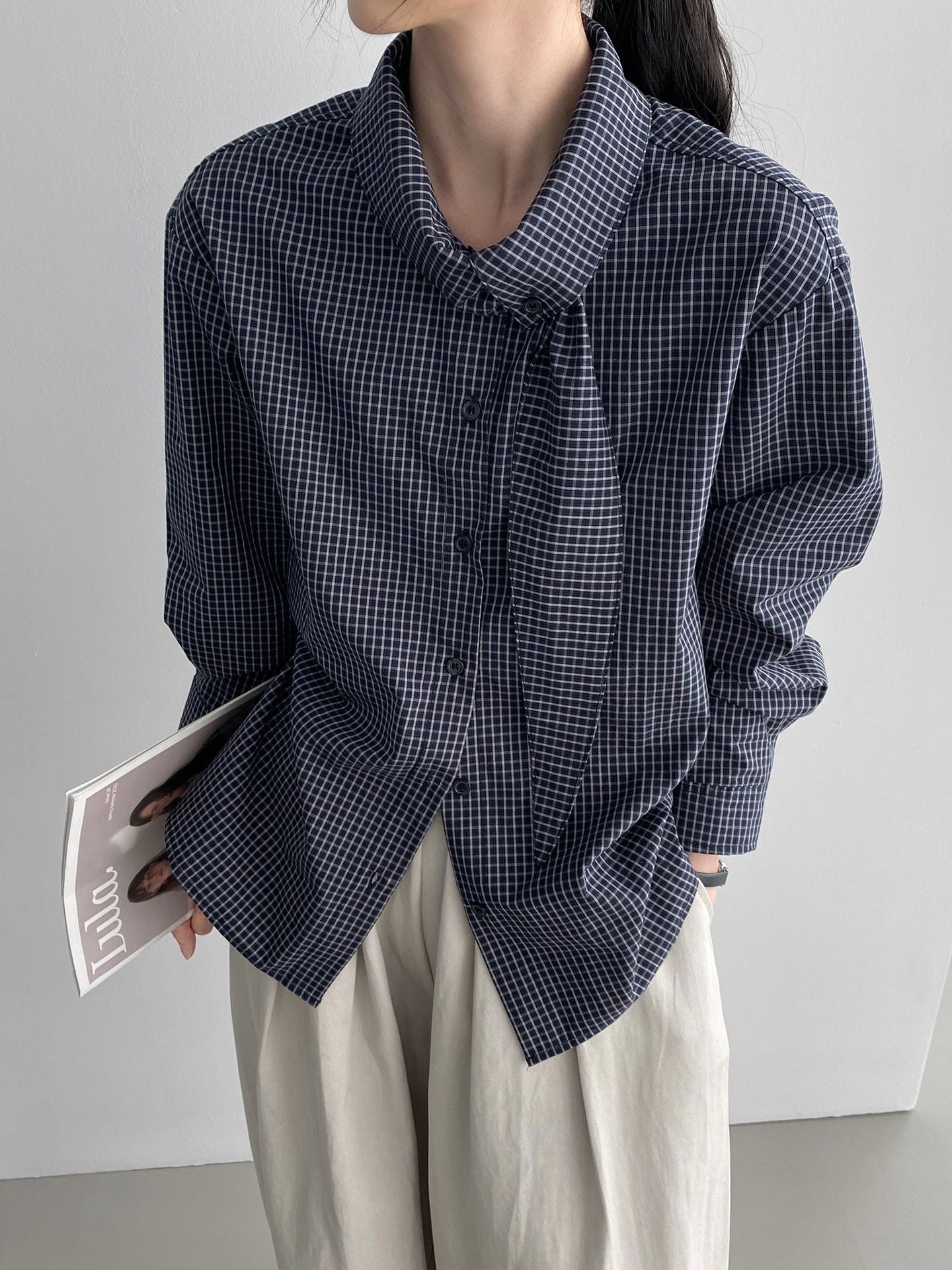 韓系設計感小衆領結格子襯衫-2色