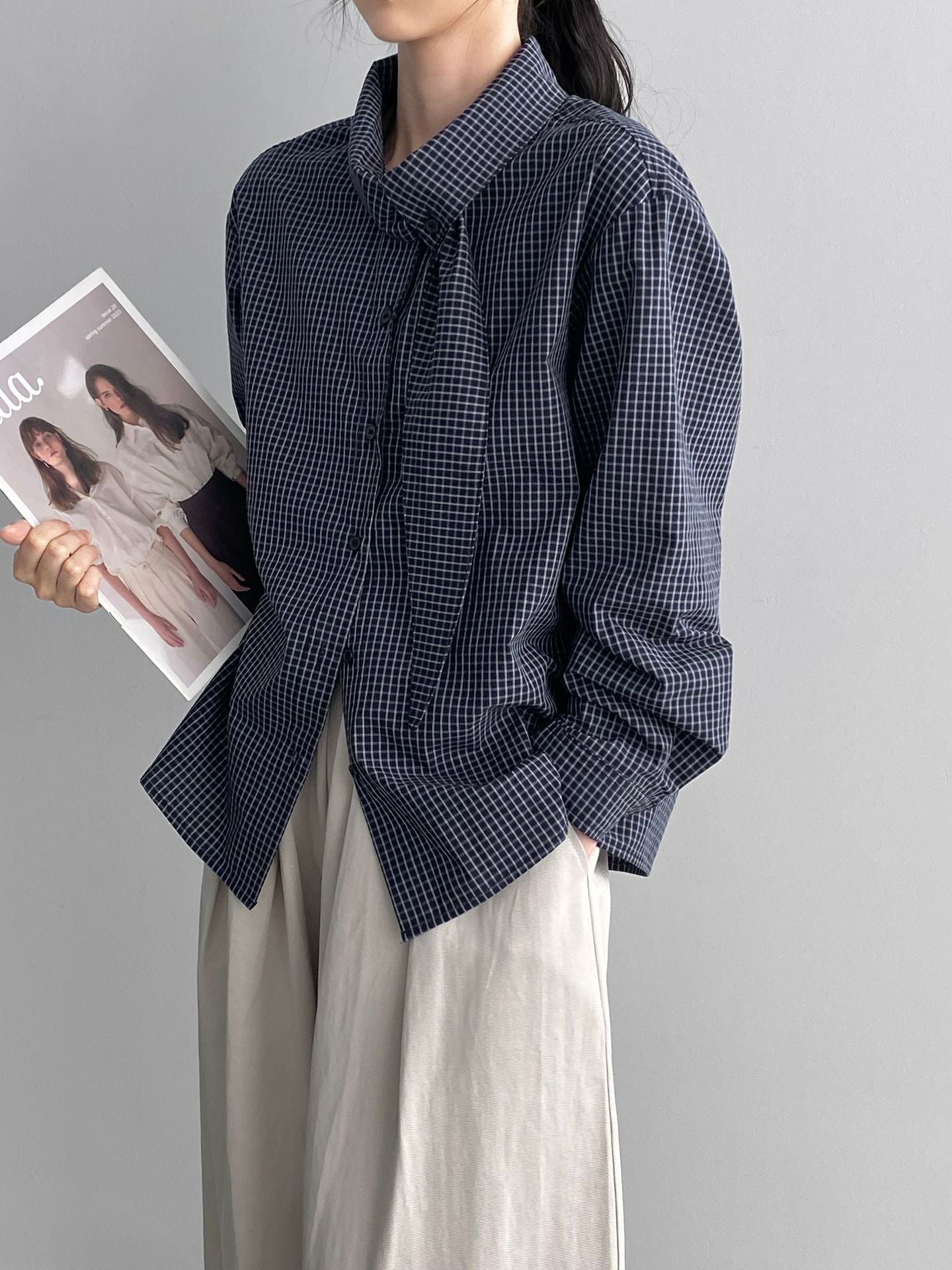 韓系設計感小衆領結格子襯衫-2色