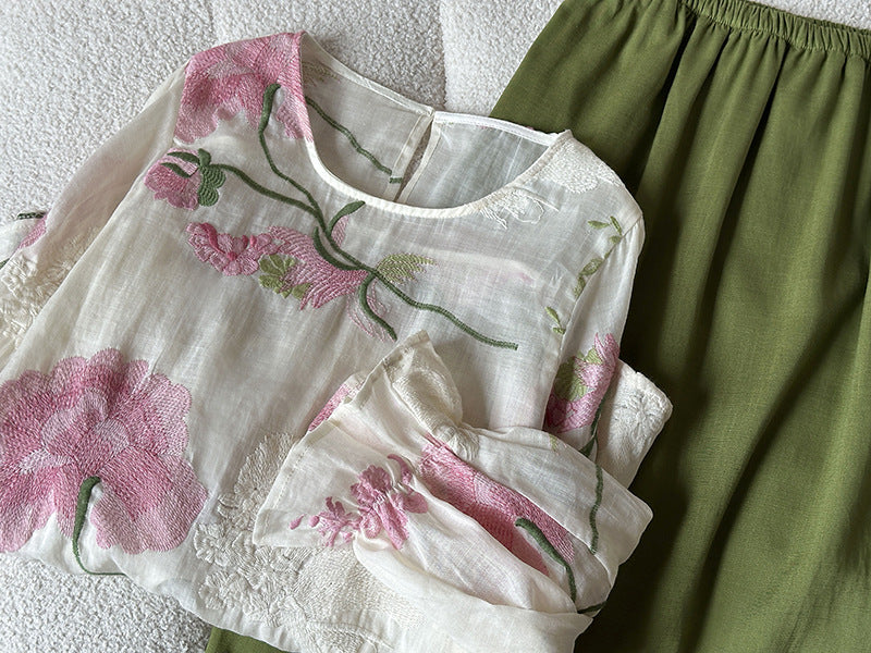 韓系度假風刺繡苧麻圓領寬鬆上衣