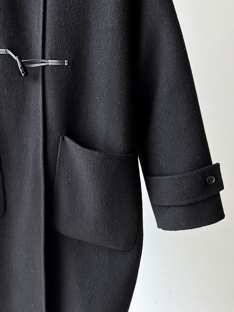 復古立領牛角扣羊毛雙面毛呢大衣外套