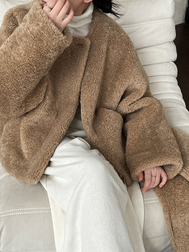 保暖毛絨皮草羊羔毛外套+圍巾-2色