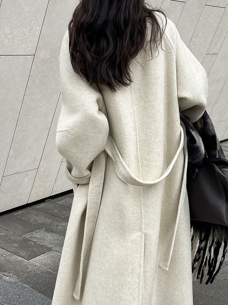 韓版慵懶斜扣領長款雙面呢羊毛大衣外套-3色