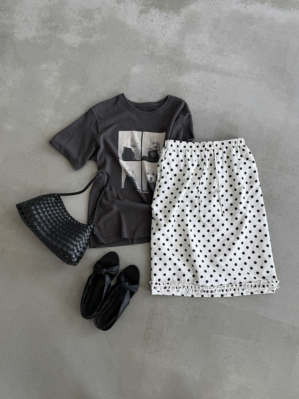 復古波點抽繩收腰木耳邊垂墜感A字半身長裙