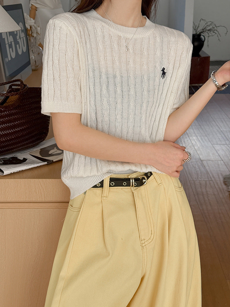 經典老錢風麻花圓領短袖針織衫-3色