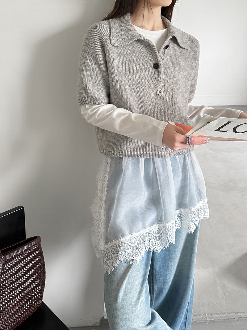 韓系氣質疊穿簡約Polo領針織顯瘦短袖毛衣-3色