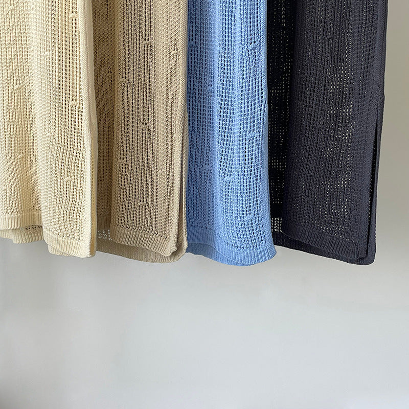 韓系側開叉圓領疊穿鏤空中長背心連身裙-4色