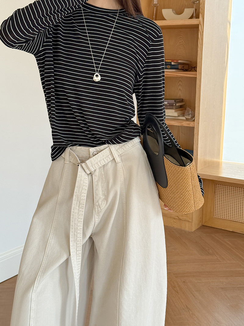 韓系復古高腰寬鬆顯瘦闊腿牛仔褲+腰帶-3色