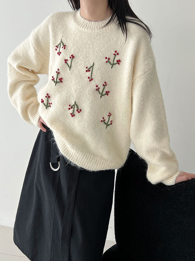 韓系溫柔氛圍感刺繡寬鬆針織上衣-3色