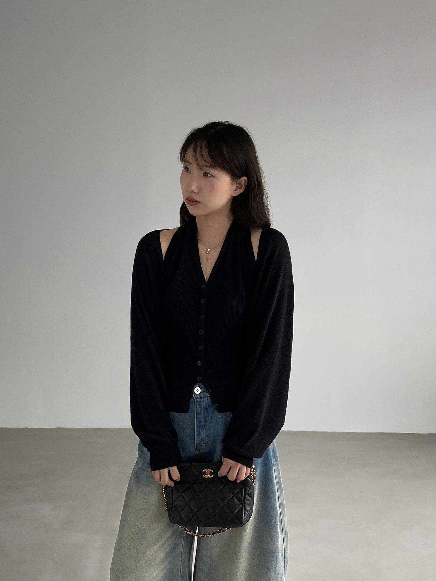 韓系低飽和顯瘦掛脖背心＋針織開衫-兩件式套裝-7色