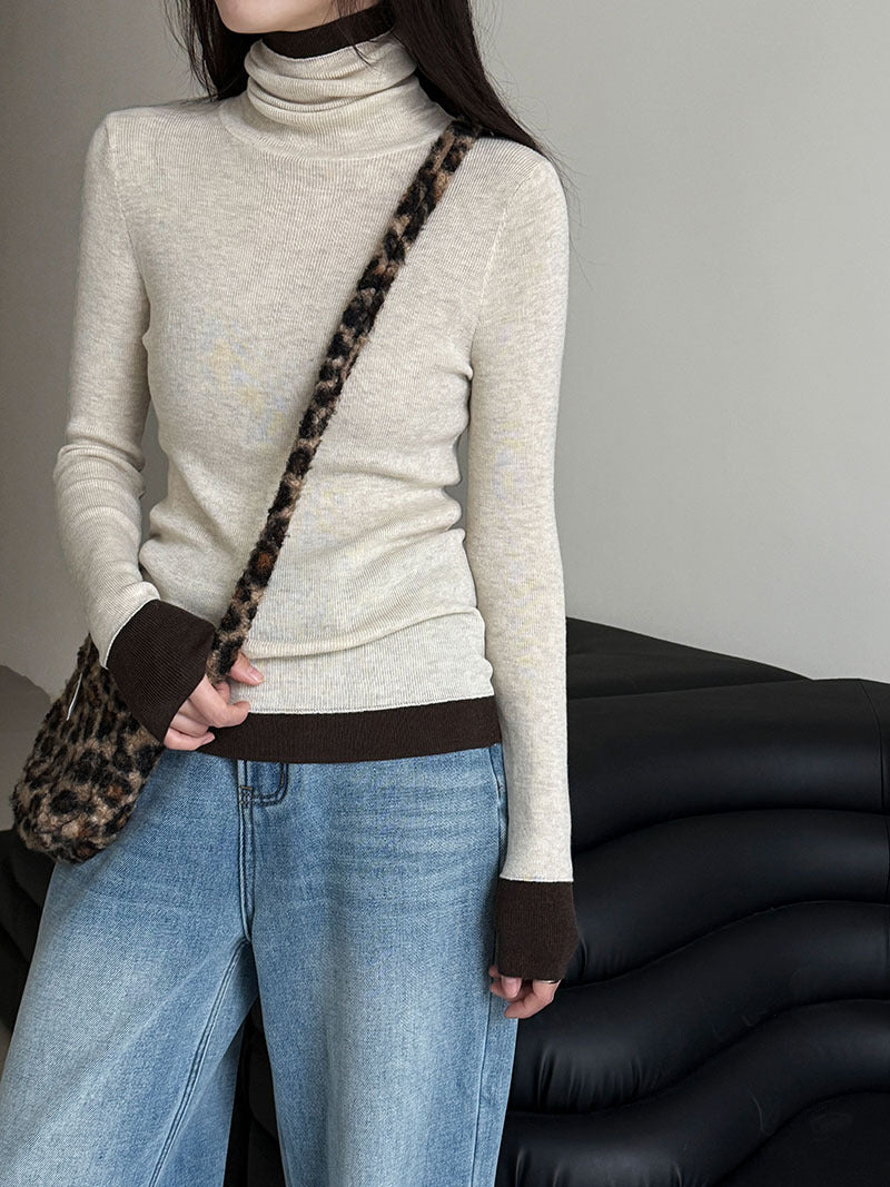 修身顯瘦軟糯撞色高領打底針織衫-3色