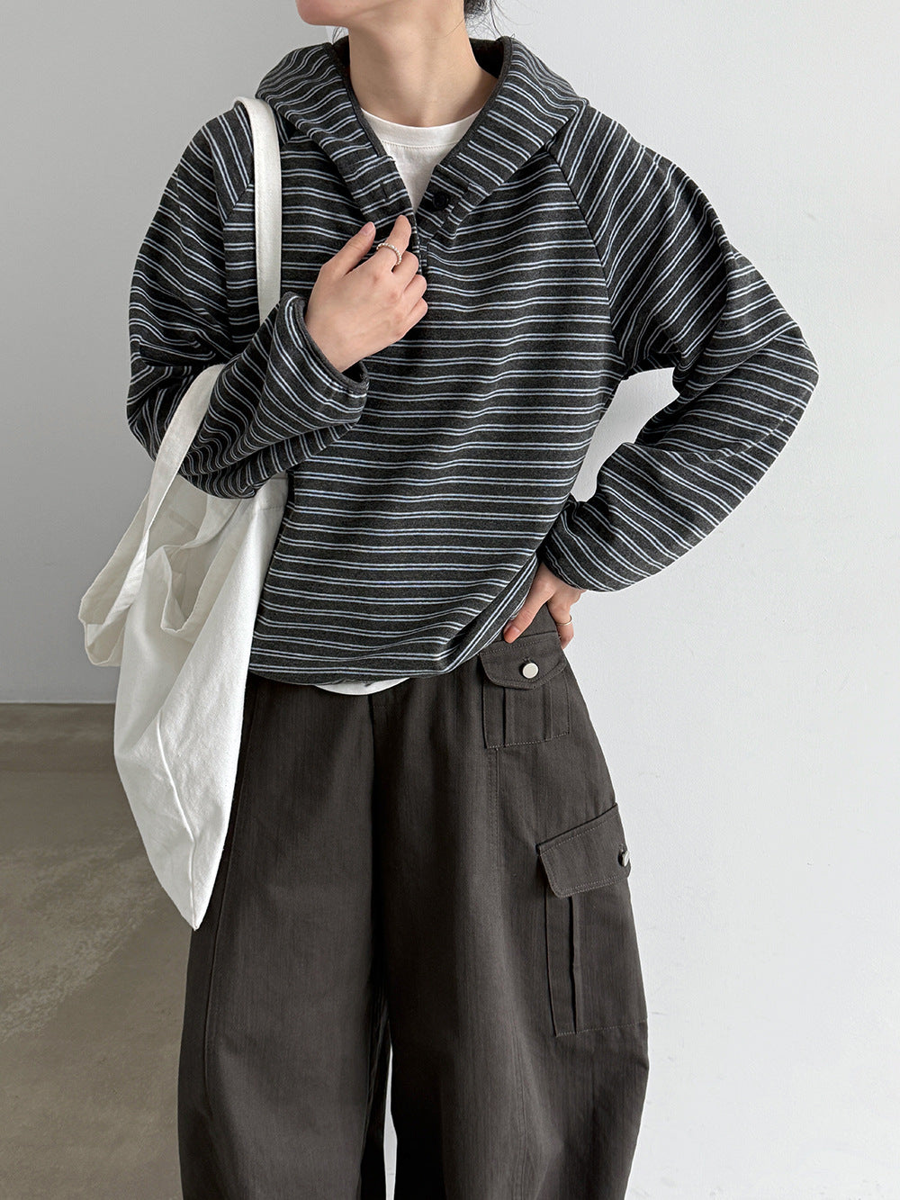 鹿西 韓繫條紋半門襟連帽衛衣女26秋長袖休閒百搭鬆弛感上衣21111