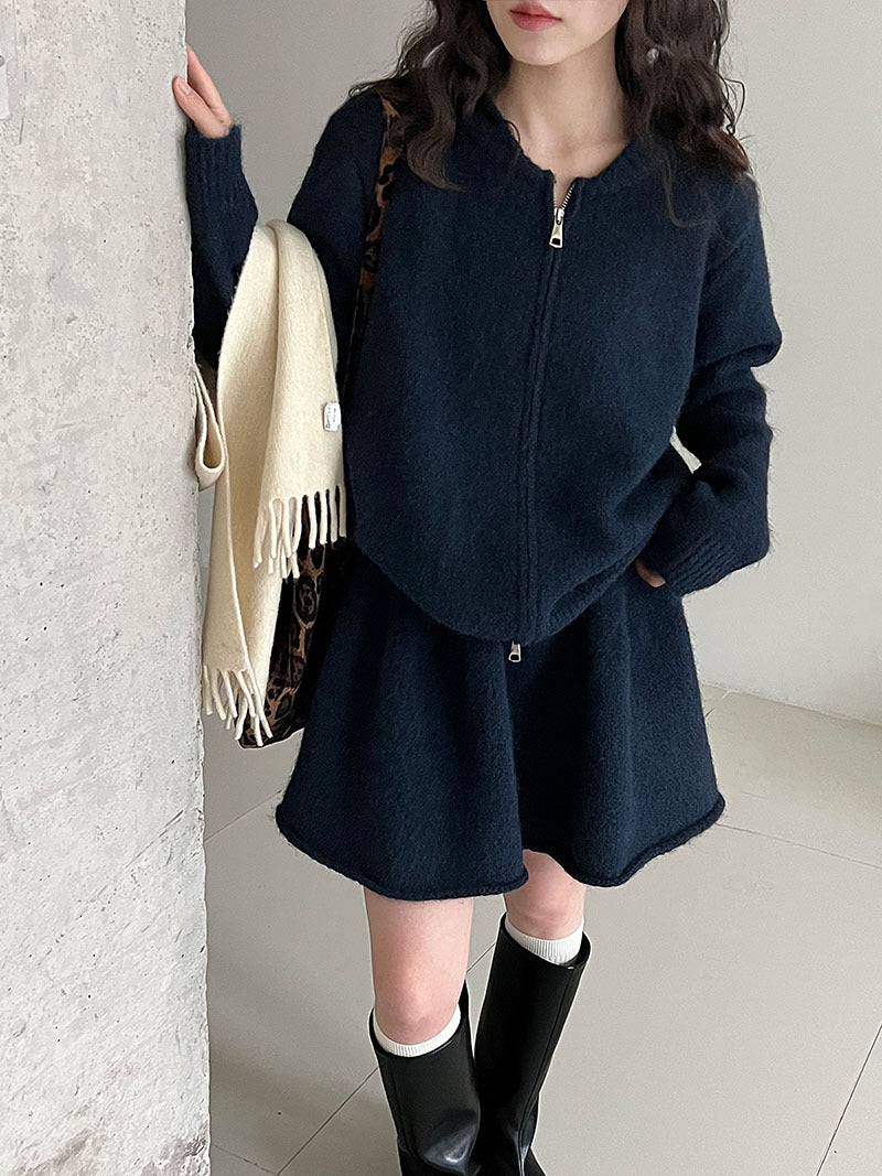 韓系軟糯休閒針織毛衣+卷邊A字短裙-兩件式套裝-3色