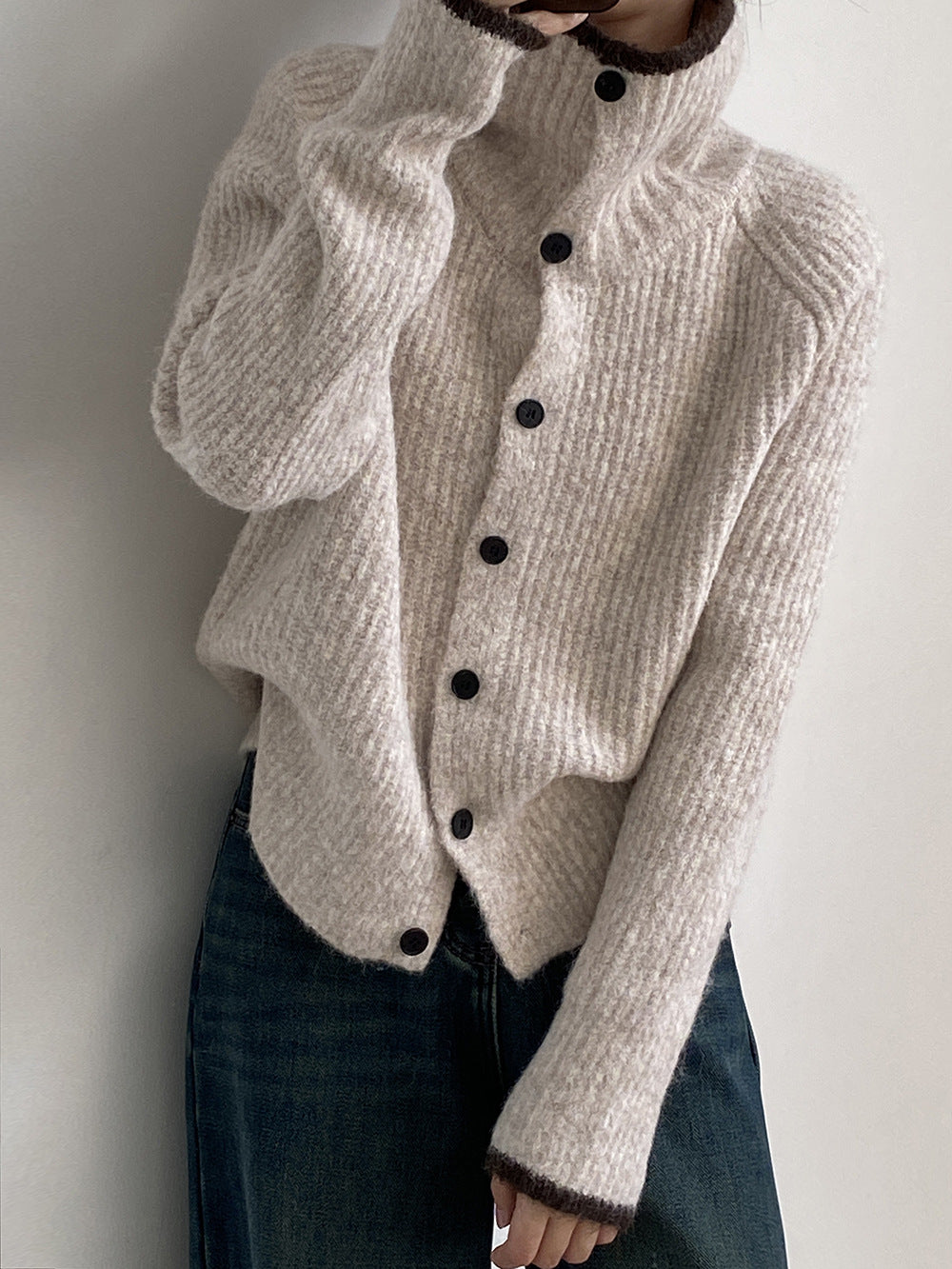 (48H出貨)韓系慵懶撞色翻領單排扣毛衣開衫外套-4色