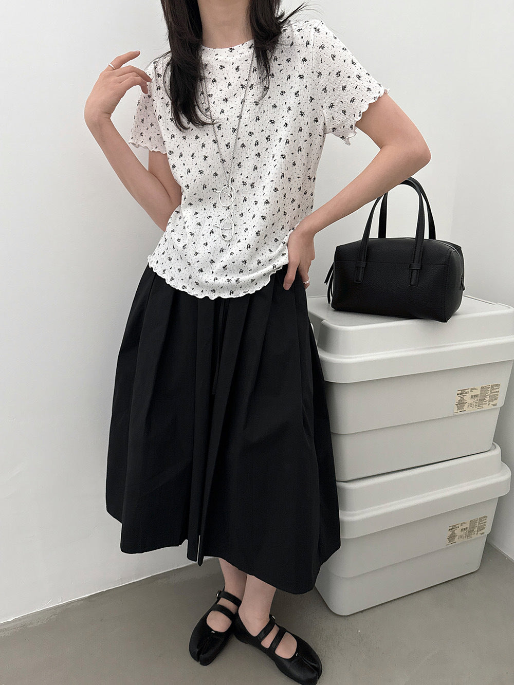 韓系碎花木耳邊設計感修身短款T恤短袖上衣-2色