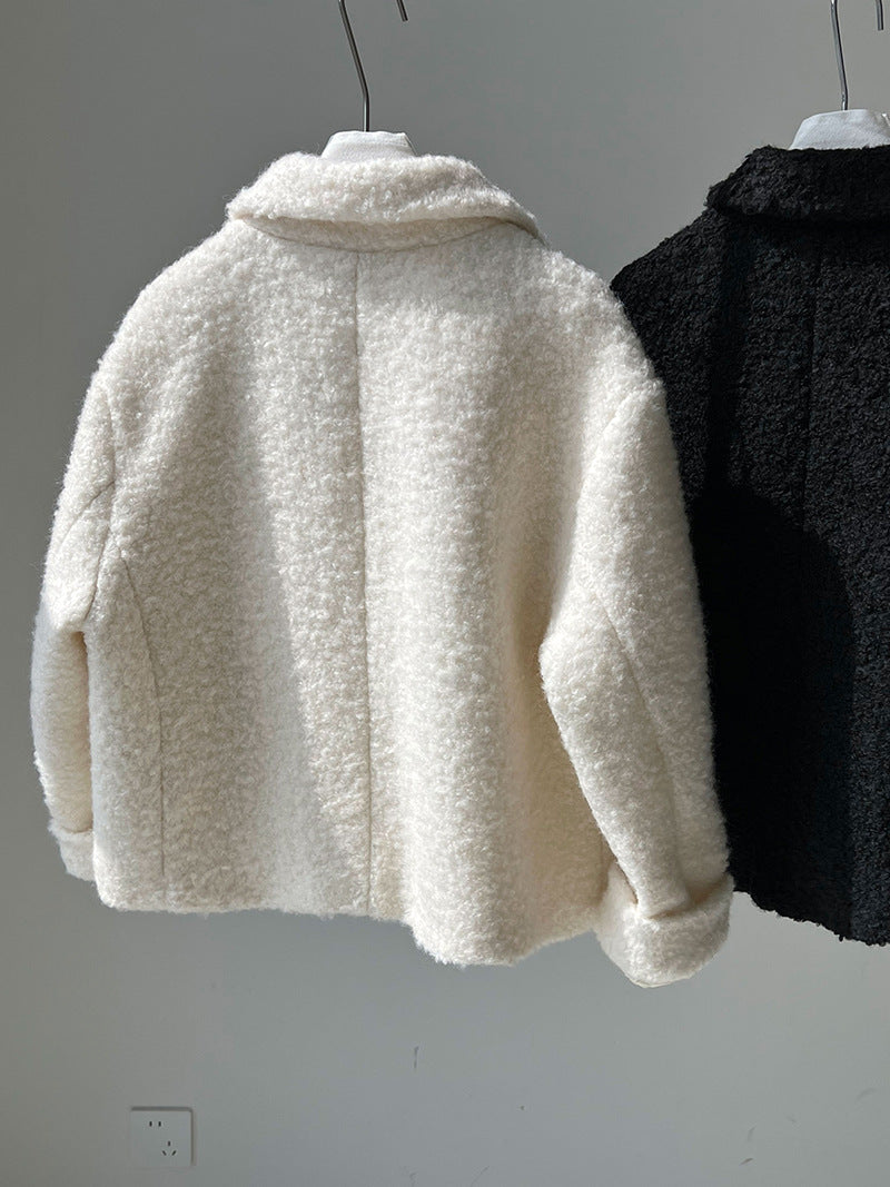 韓版單排扣短款羊羔毛翻領外套-2色