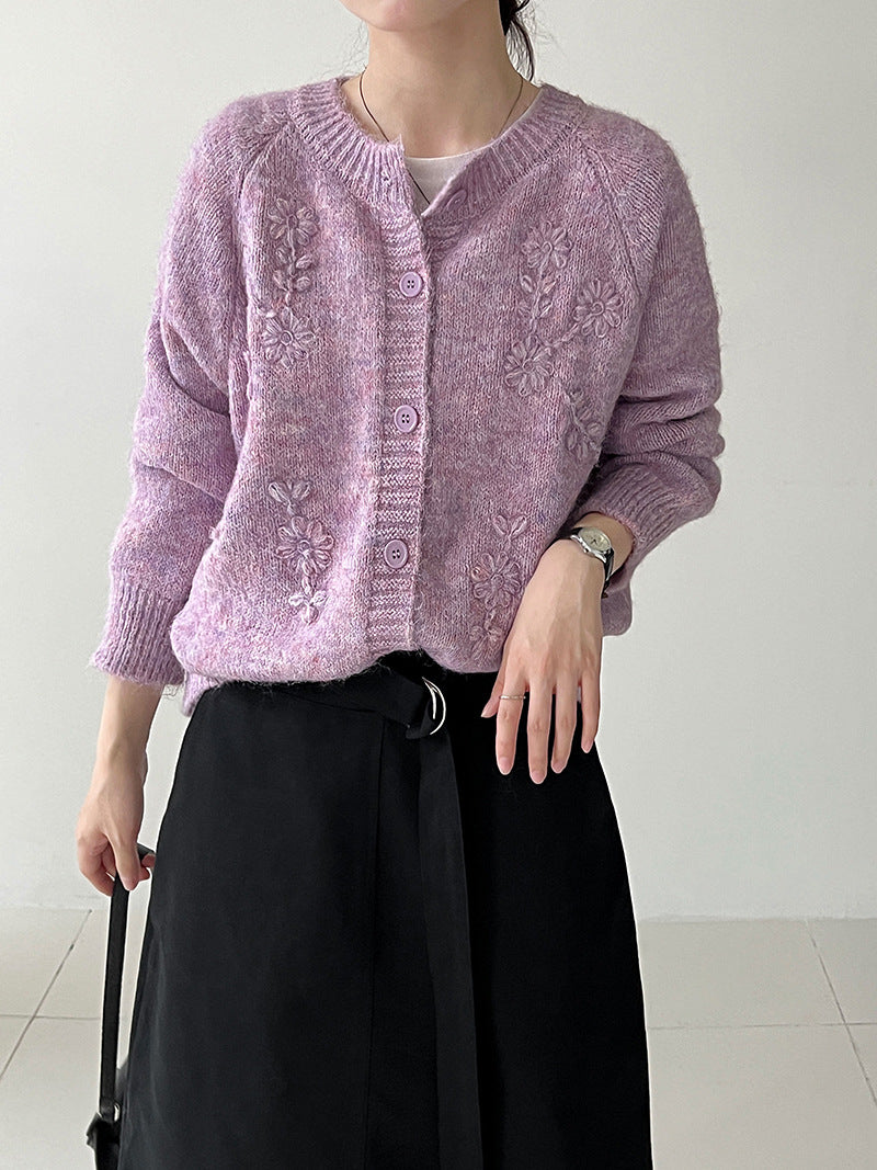 韓系立體手工花朵刺繡針織開衫外套-3色