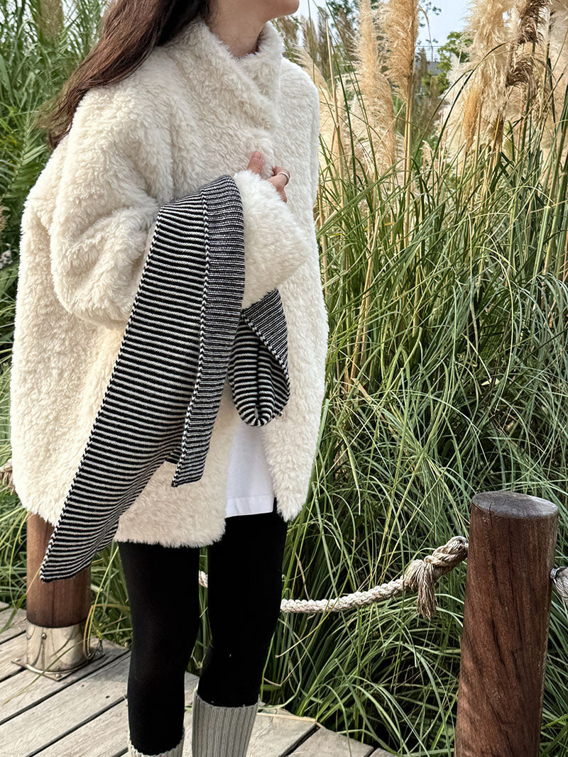 美拉德立領羊羔毛皮毛一體外套大衣-2色