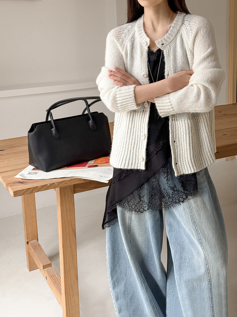 韓系優雅白月光網紗拼接透視針織打底衫-2色