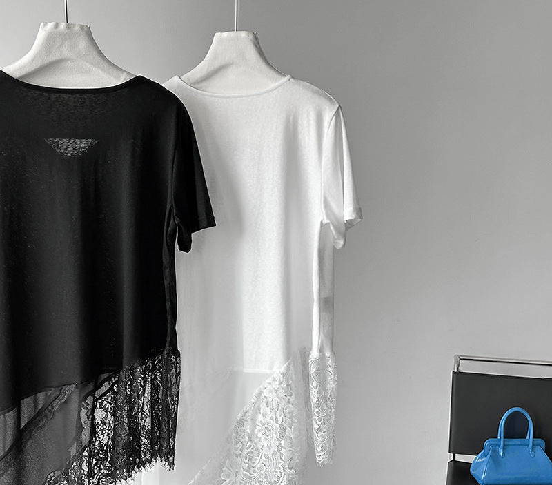 韓系不規則中長款疊穿蕾絲花邊短袖背心上衣-2色