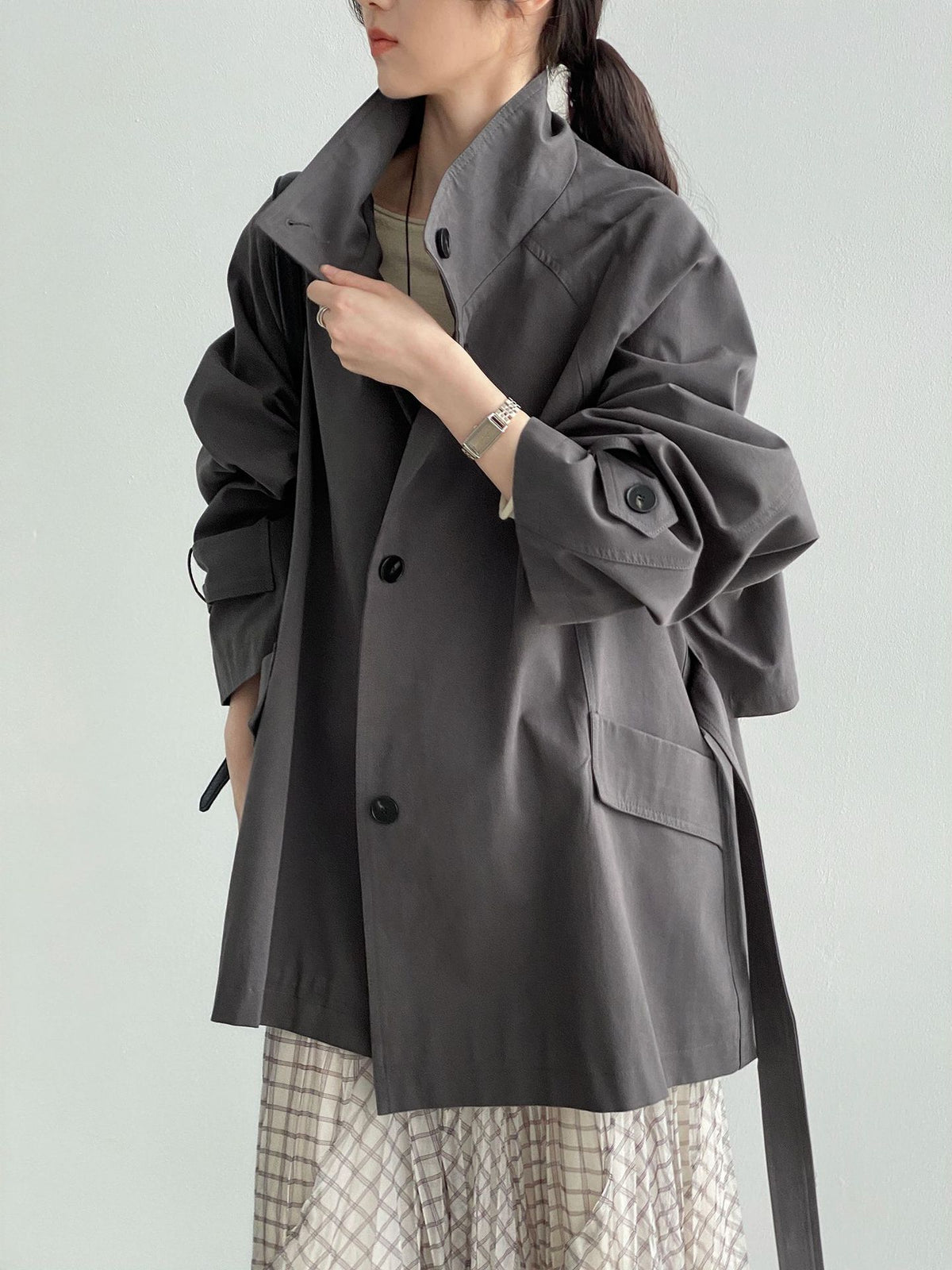 英倫風立領廓形收腰中長款風衣外套-3色
