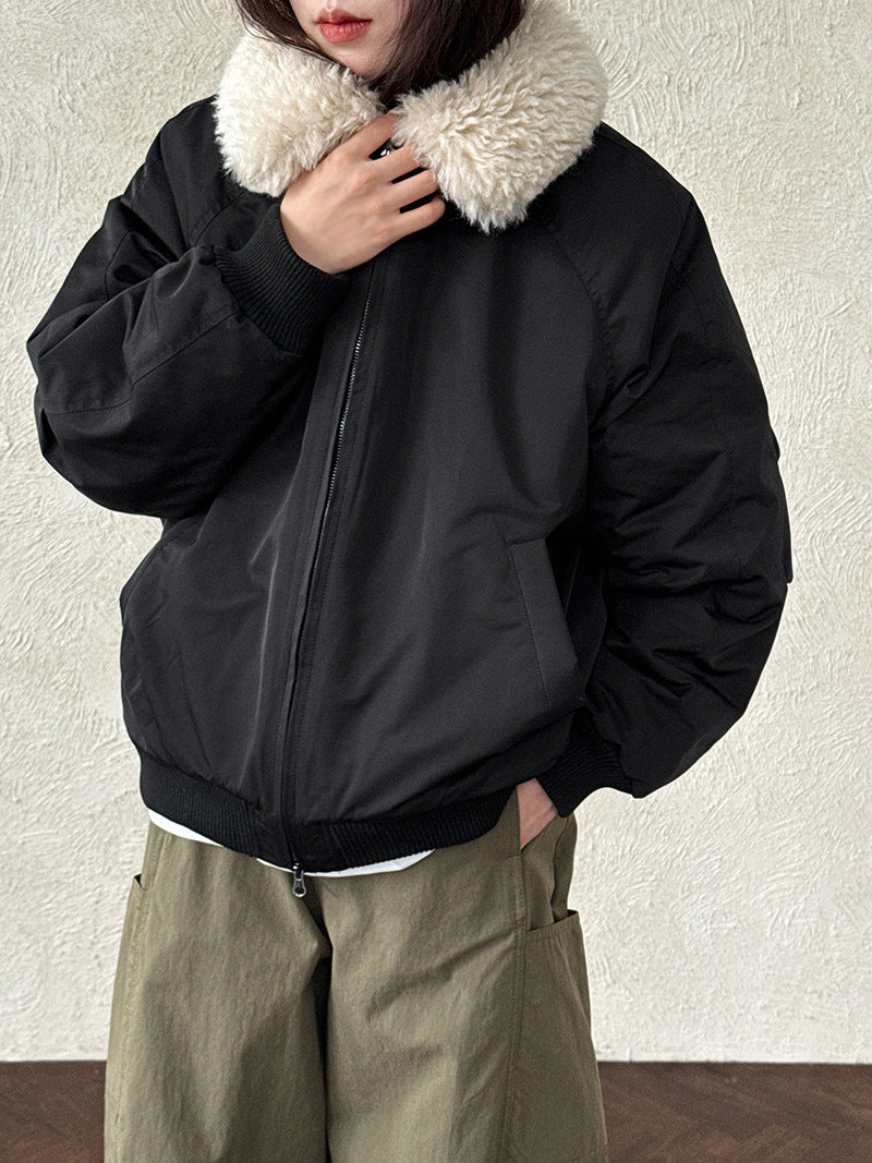 韓系保暖毛毛領夾棉夾克外套-2色
