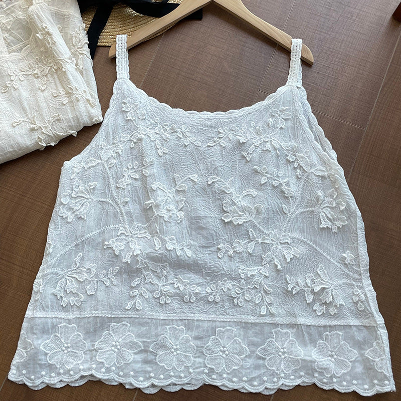 甜妹重工刺繡蕾絲緹花吊帶背心上衣-2色