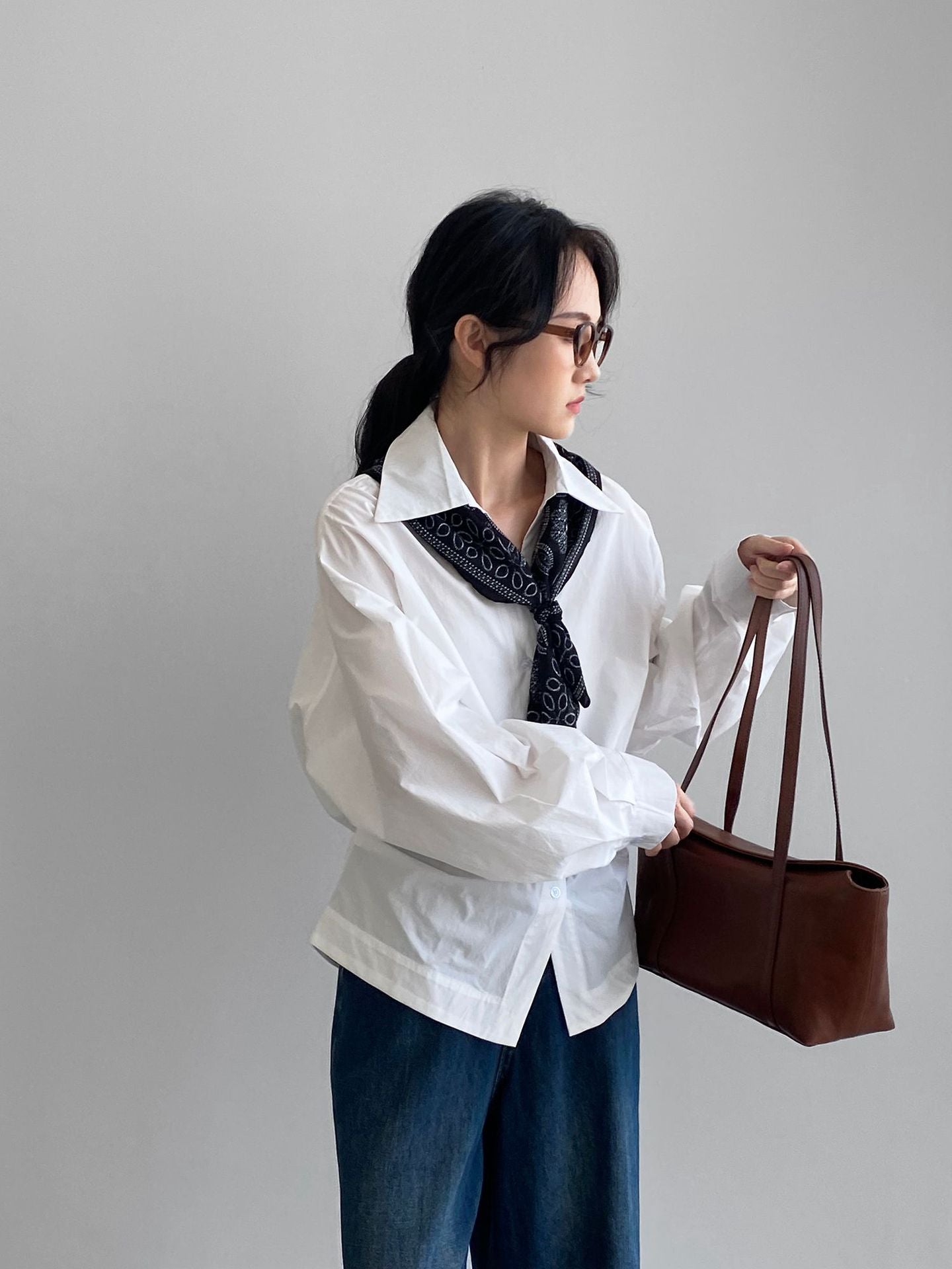 韓系通勤氣質顯瘦抽褶收腰襯衫+含披肩-3色