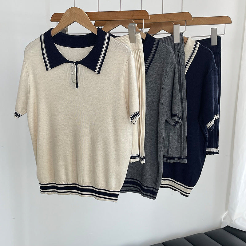復古Polo領收腰短袖針織衫+寬鬆顯瘦百褶短裙-兩件式套裝-3色