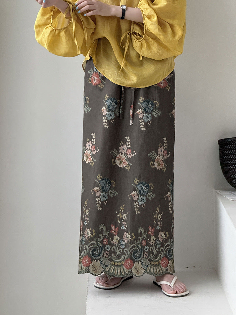 韓系復古文藝風苧麻燈籠袖上衣+刺繡長裙-兩件式套裝
