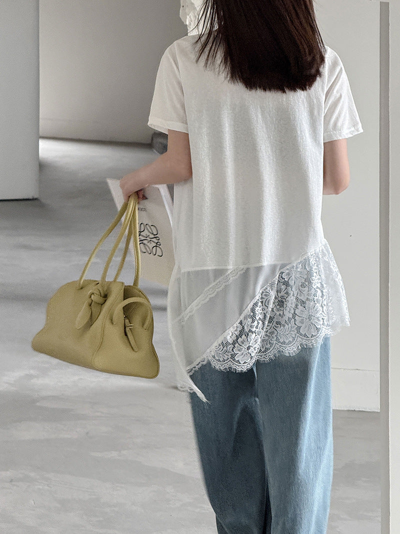 韓系不規則中長款疊穿蕾絲花邊短袖背心上衣-2色