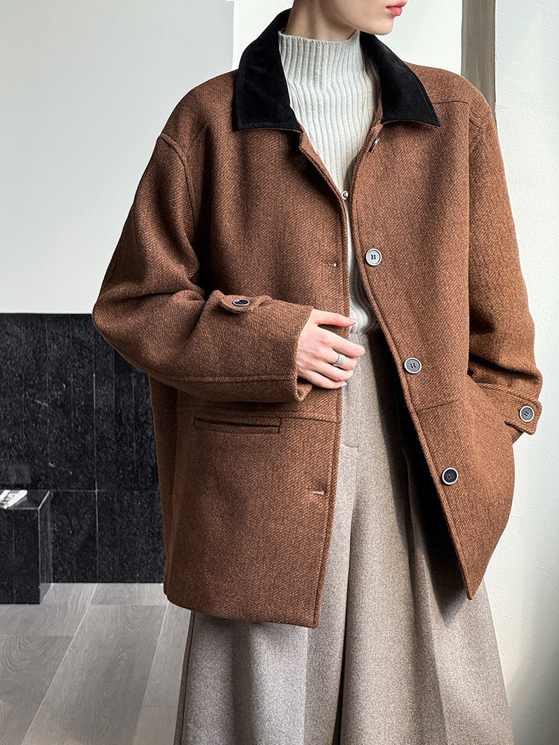 韓系復古翻領氣質撞色羊毛夾克外套-2色