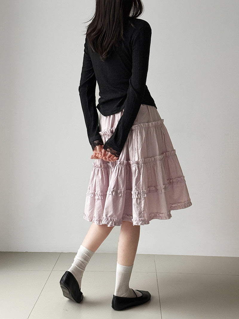 韓系V領蕾絲蝴蝶結內搭修身長袖打底衫-2色