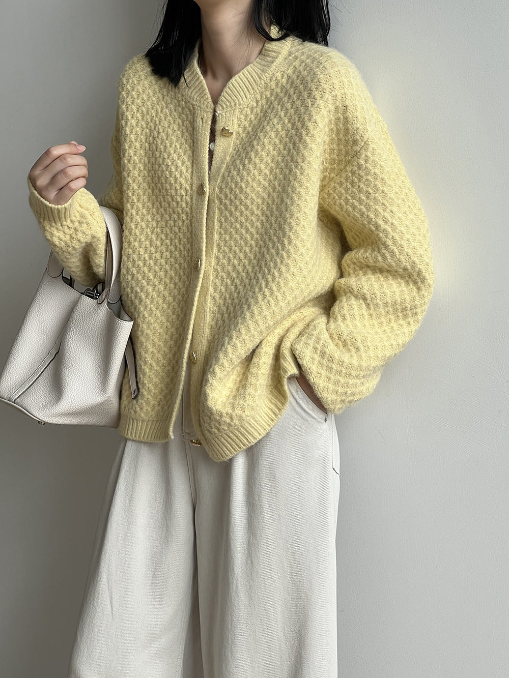 菠蘿紋愛心慵懶扣軟糯針織開衫-3色