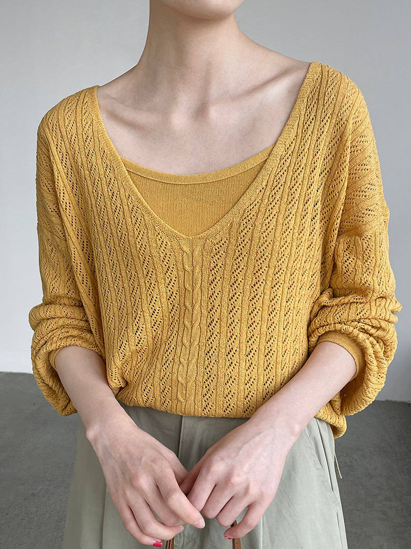 韓系鏤空V領防曬針織罩衫+吊帶上衣-兩件式套裝-4色