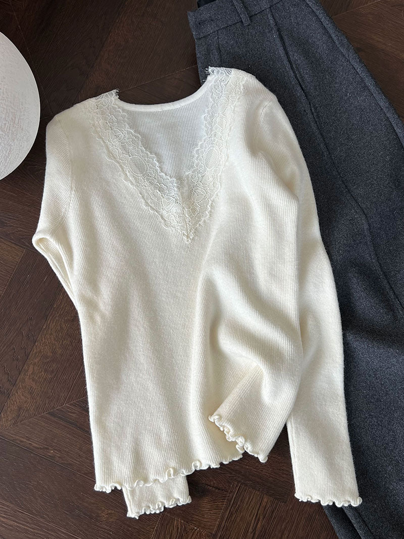 法式修身氣質蕾絲V領顯瘦內搭針織上衣-3色