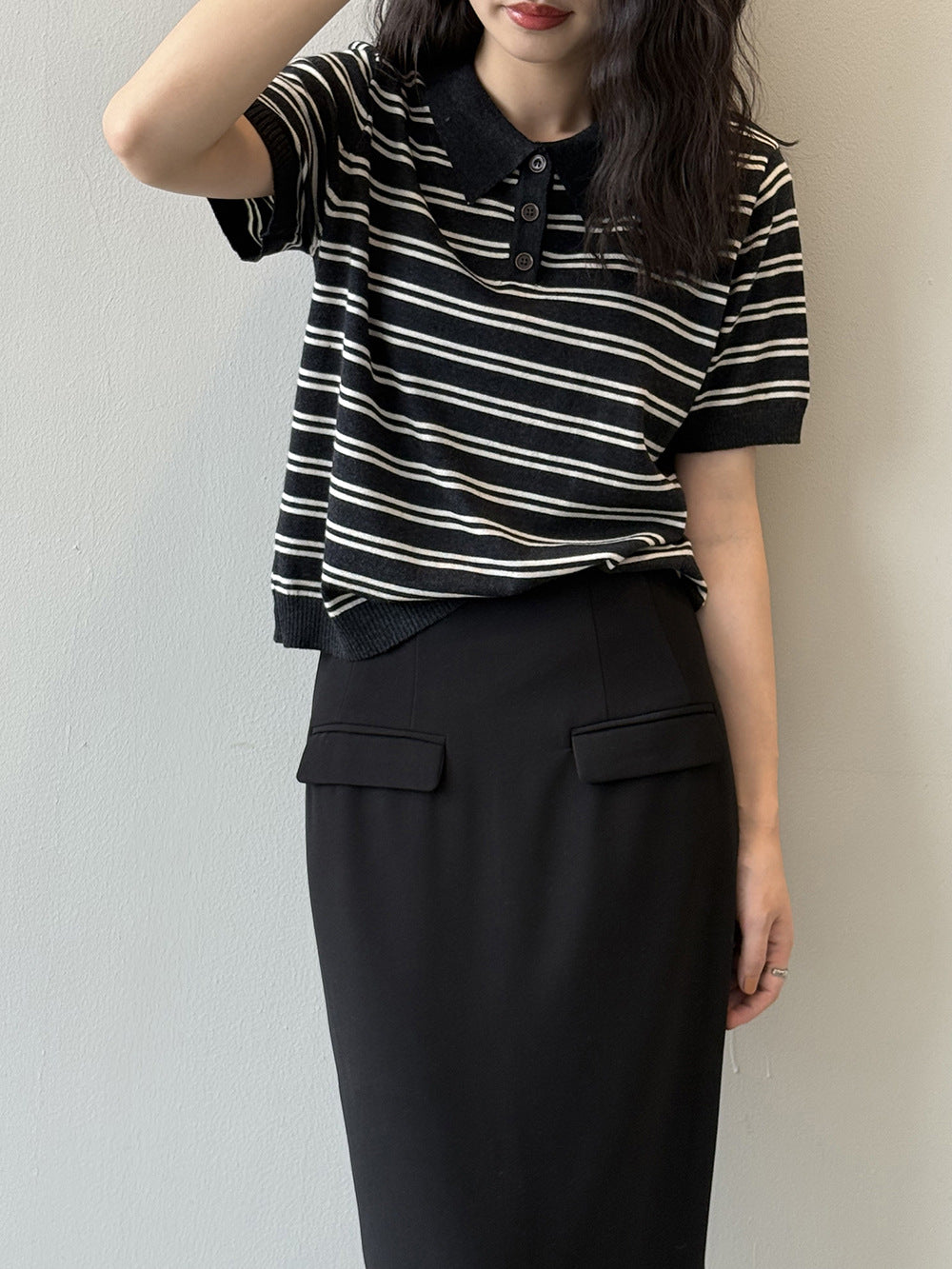 韓系簡約條紋百搭顯瘦短袖針織T恤-2色