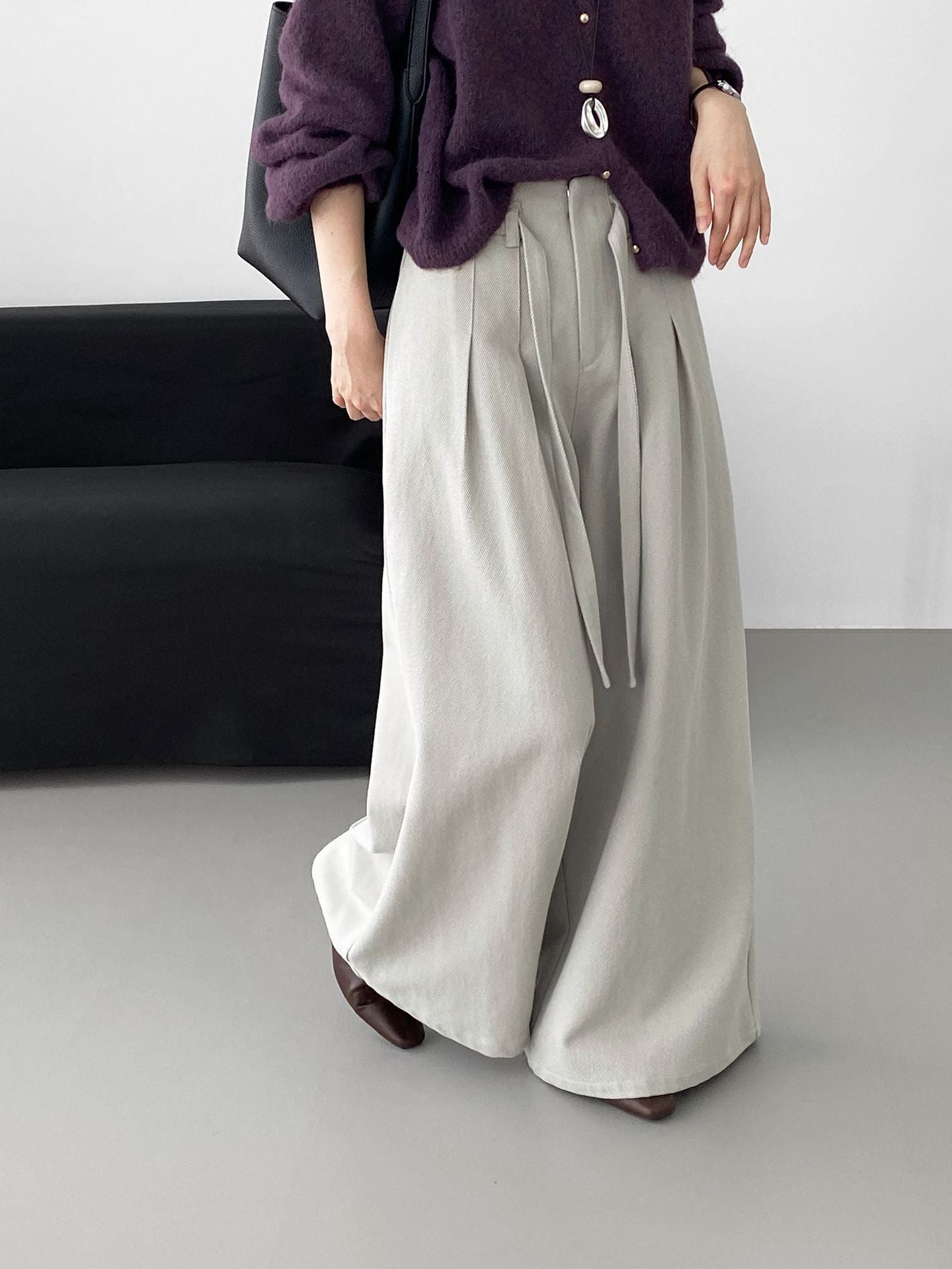 韓系簡約天絲棉繫帶闊腿褲-2色