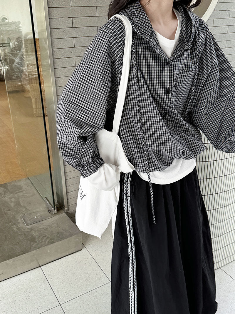 韓系復古連帽格子休閒寬鬆外套