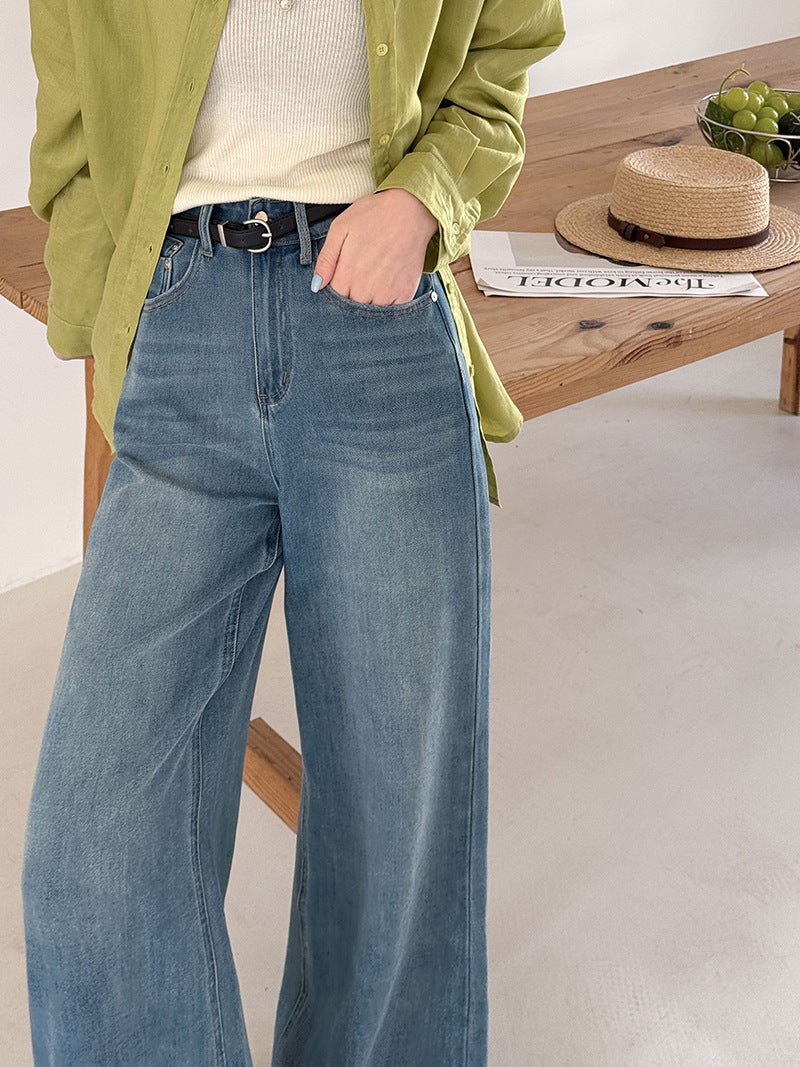 韓系高腰顯瘦寬鬆微喇褲牛仔闊腿褲