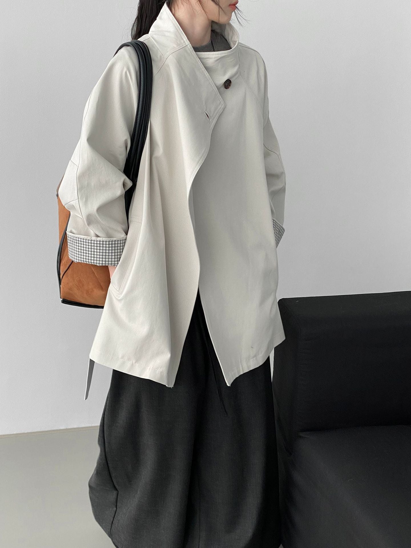 韓系復古英倫風立領寬鬆顯瘦收腰風衣外套-3色