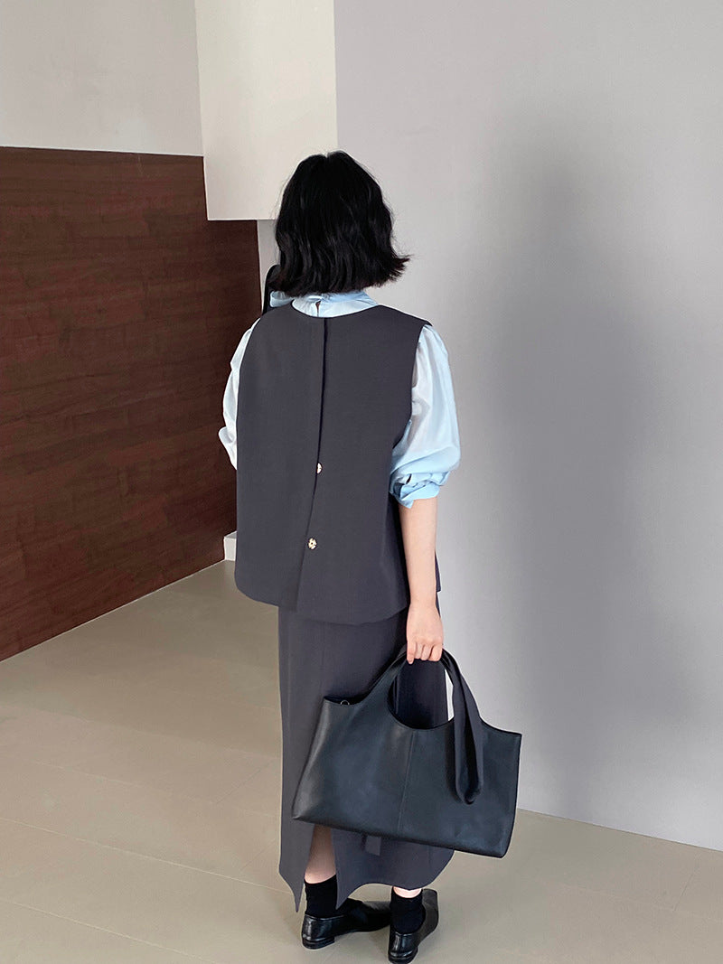 韓版高品質顯瘦西裝無袖馬甲+半身裙+配腰帶-三件式套裝