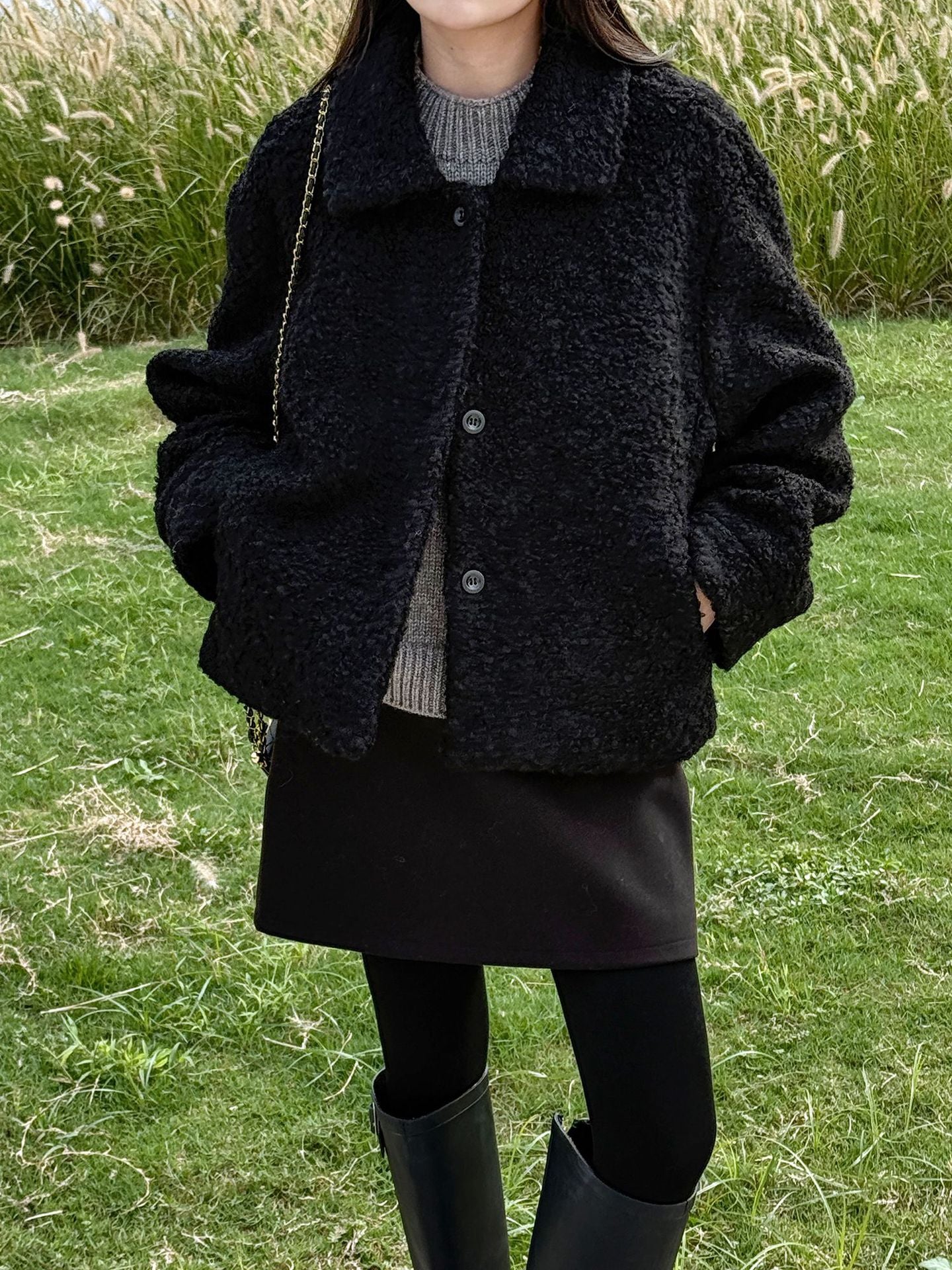 韓版單排扣短款羊羔毛翻領外套-2色