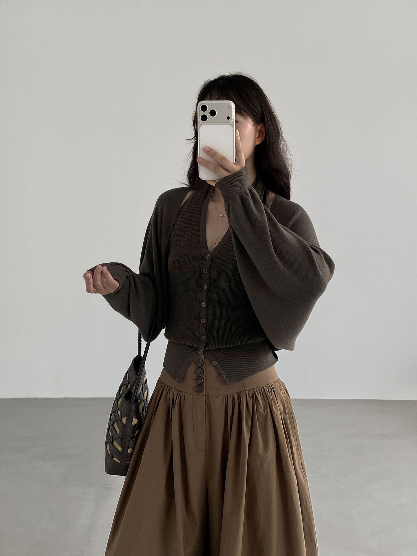 韓系低飽和顯瘦掛脖背心＋針織開衫-兩件式套裝-7色