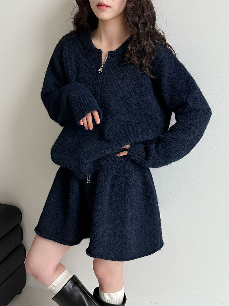 韓系軟糯休閒針織毛衣+卷邊A字短裙-兩件式套裝-3色